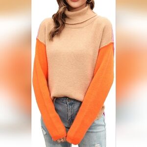 (3/$25) Colorblock Patchwork Turtleneck Sweater | Boho Knit Pullover Size XL